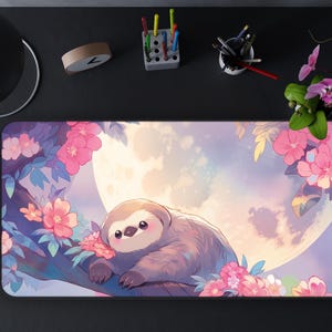 May include: A cute cartoon sloth with a pink nose and big brown eyes is sleeping on a branch with pink flowers. The sloth is in front of a large, bright moon with a purple and pink sky.