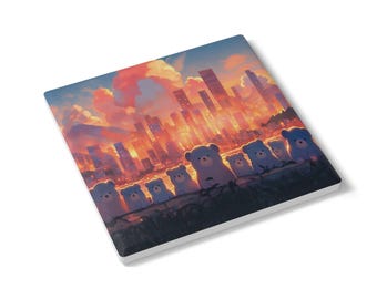 Kawaii Bear Ceramic Coaster: Sunset City Design