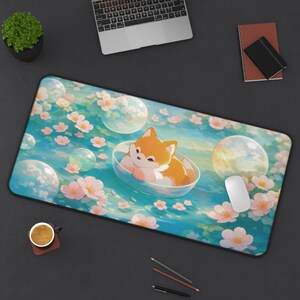 Kawaii Fox Sakura Desk Mat, Cute Floating Fox Mouse Pad, Pastel Spring Floral Desk Pad, Cozy Anime Aesthetic Desk Decor, Gift for Fox Lovers image 5
