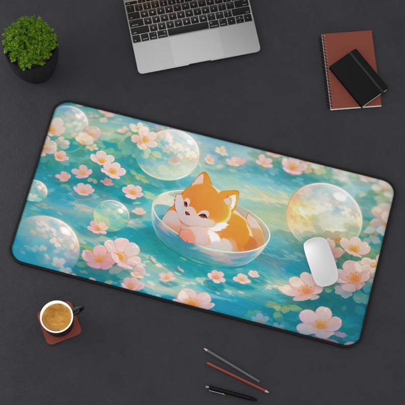Kawaii Fox Sakura Desk Mat, Cute Floating Fox Mouse Pad, Pastel Spring Floral Desk Pad, Cozy Anime Aesthetic Desk Decor, Gift for Fox Lovers image 5