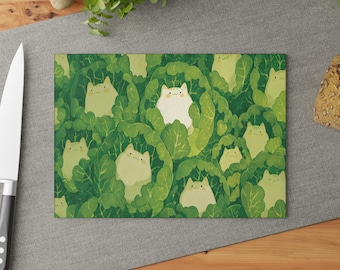 Kawaii Glass Cutting Board, Kawaii Cats Wrap in Cabbage, Cat Lover Gift, Kitchen Decor, Chopping Board, Cute Animal Design, Foodie Gift