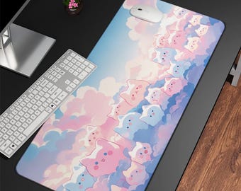 Desk Mat, Kawaii Anime Cats Pink Blue Clouds, Mouse Pad, Office Desk Accessory, Cute Desk Decor, Desk Organizer, Gaming Desk Mat