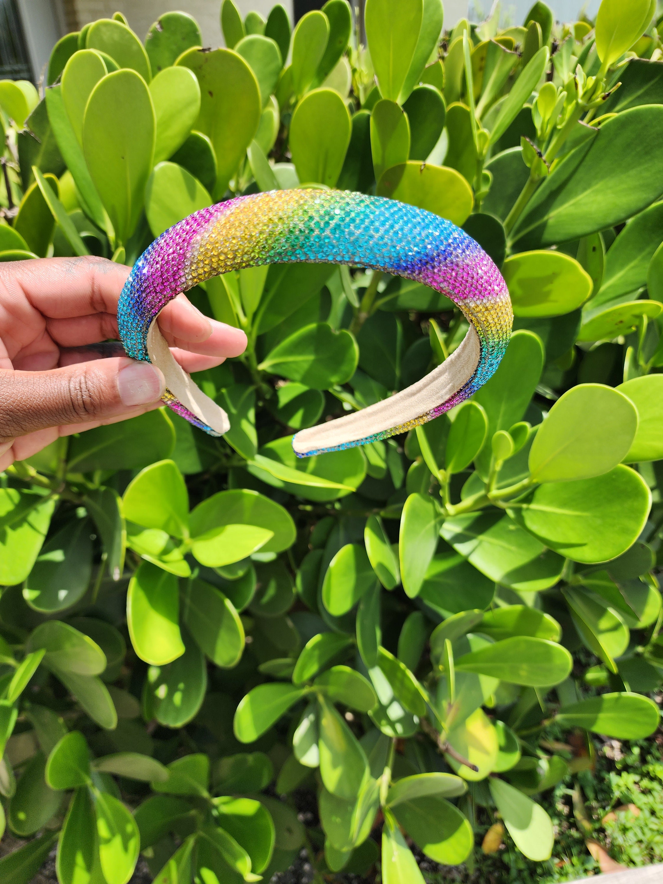 New handmade boutique rainbow rhinestone/stone flexible wide headband Wide Rhinestone Headband for Women Rainbow Sparkly Headband  main image 2