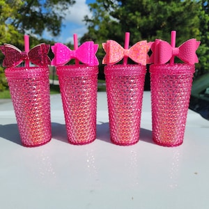 Pink Textured Tumbler with Straw and Bow Topper 16oz
