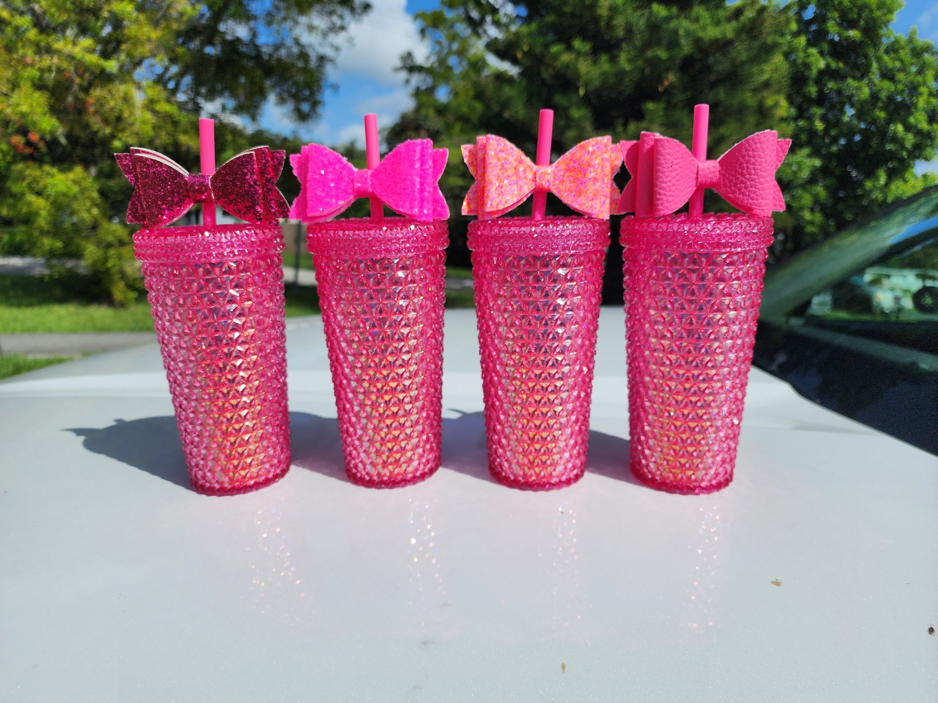 Pink Textured Tumbler with Straw and Bow Topper 16oz