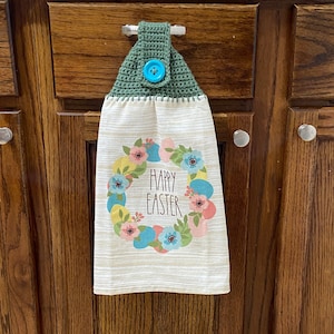 Happy Easter Wreath 100% Cotton Hanging Crocheted Top Hand Towel