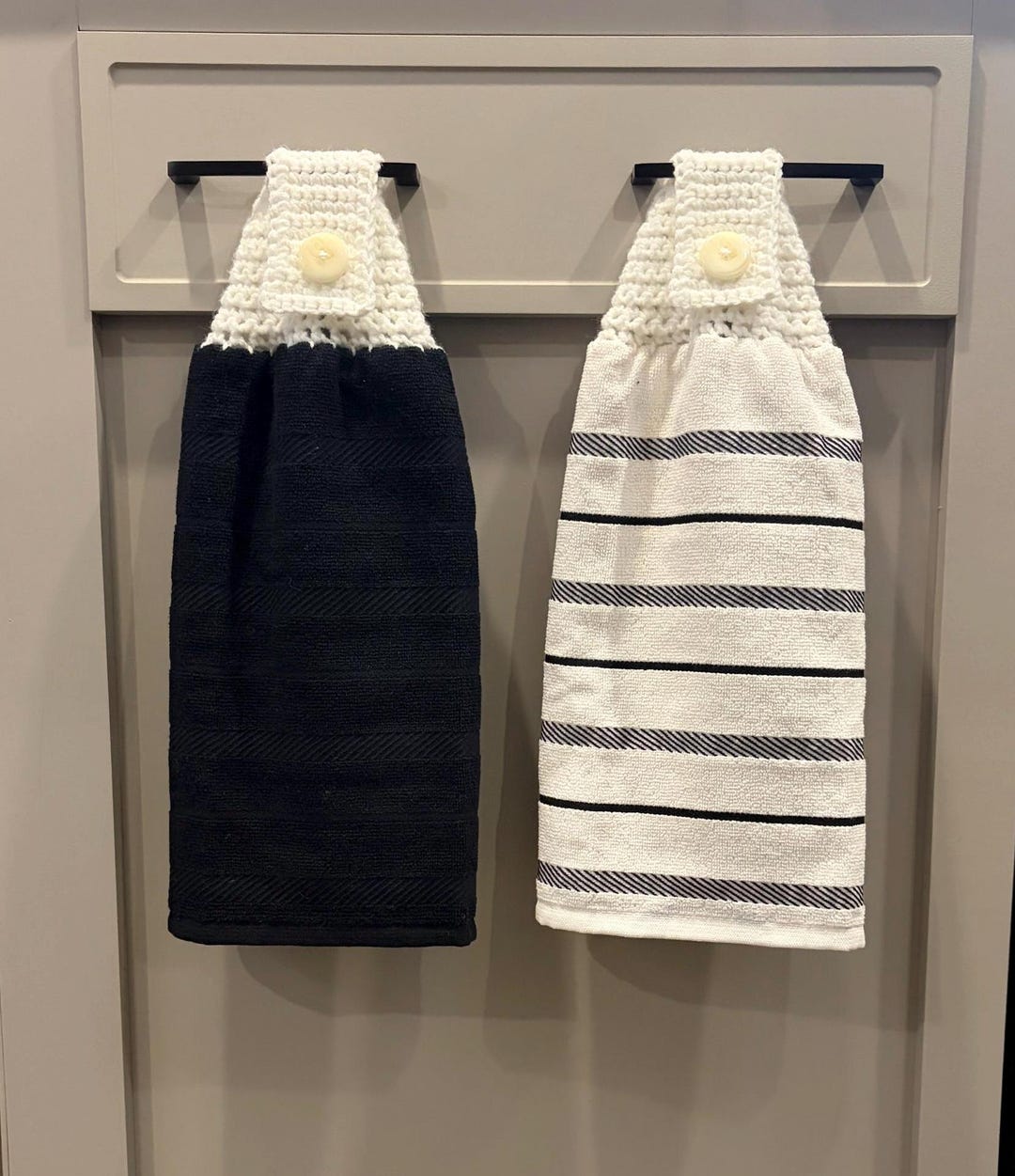 Set of (2) KitchenAid Brand - Cotton Hanging Crochet Top Hand Towels - Aqua Stripe