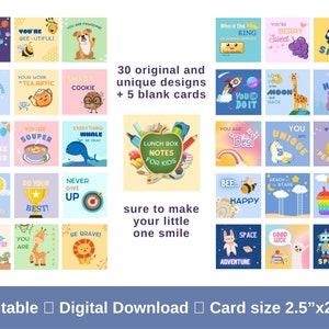 May include: A set of 35 printable lunchbox notes for kids featuring colorful illustrations and positive messages. The notes are 2.5 inches by 2.5 inches and include designs like a bee, a giraffe, a unicorn, a dinosaur, a robot, and a rainbow.