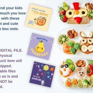 May include: Four printable lunchbox notes with cute illustrations and encouraging messages. The notes feature a teacup, a pear, a space scene, and a bunny. The notes are printed on white paper with colorful designs.