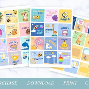 May include: A set of 24 colorful printable stickers with encouraging messages and cute illustrations. The stickers feature a variety of animals, food, and objects, such as a bee, a giraffe, a donut, a pear, a robot, and a lion. The stickers are perfect for adding a touch of fun and positivity to your planner, journal, or any other surface.