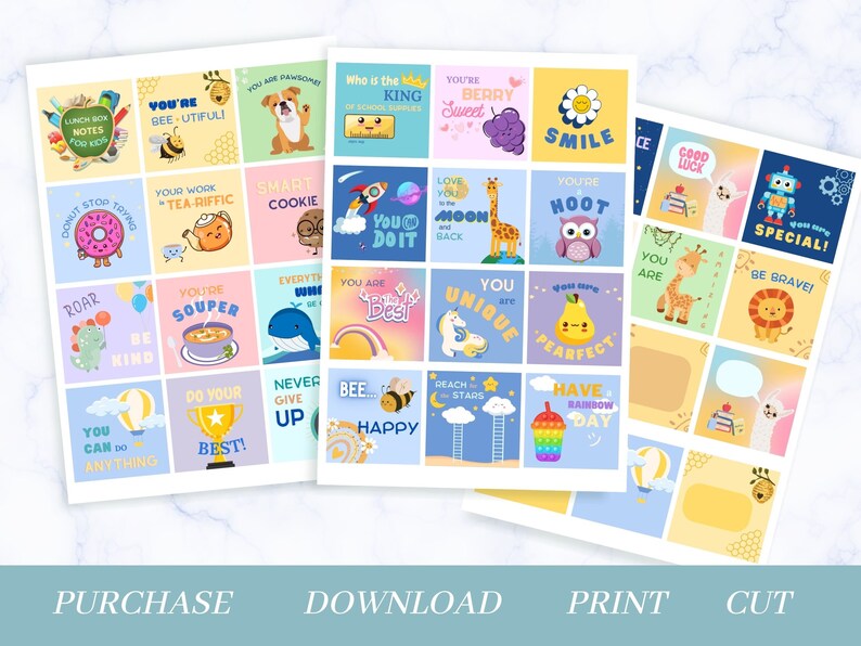 May include: A set of 24 colorful printable stickers with encouraging messages and cute illustrations. The stickers feature a variety of animals, food, and objects, such as a bee, a giraffe, a donut, a pear, a robot, and a lion. The stickers are perfect for adding a touch of fun and positivity to your planner, journal, or any other surface.