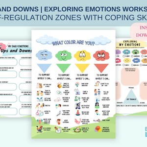 May include: A set of printable worksheets titled "Ups and Downs | Exploring Emotions Worksheet" with self-regulation zones and coping skills. The worksheets include sections for identifying emotions, coping strategies, and self-regulation techniques. The color scheme is pastel.