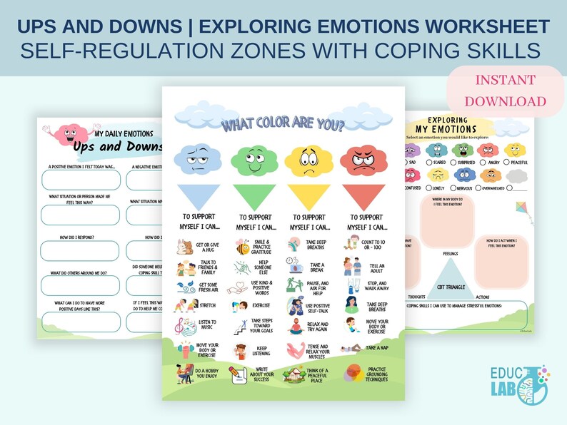May include: A set of printable worksheets titled "Ups and Downs | Exploring Emotions Worksheet" with self-regulation zones and coping skills. The worksheets include sections for identifying emotions, coping strategies, and self-regulation techniques. The color scheme is pastel.