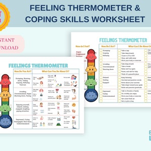 May include: A worksheet titled "Feeling Thermometer & Coping Skills" with a thermometer graphic. The thermometer displays various emotions and coping strategies. The image includes the text "Instant Download" and a "Best Seller" badge.