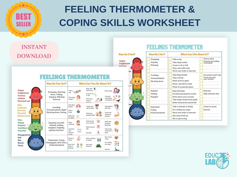 May include: A worksheet titled "Feeling Thermometer & Coping Skills" with a thermometer graphic. The thermometer displays various emotions and coping strategies. The image includes the text "Instant Download" and a "Best Seller" badge.