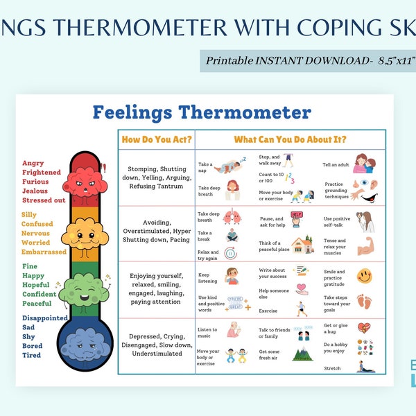 Feelings Thermometer + Coping Skills For Teens & Kids. Grounding Techniques. School counselling resources, SEL, social emotional learning.