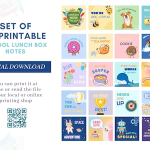 May include: A set of 35 printable school lunch box notes featuring colorful illustrations and positive messages. The notes include phrases like "You're Bee-utiful!" and "You Can Do Anything".