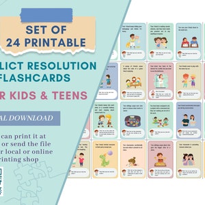 Flashcards de resolução de conflitos para crianças, atividade de habilidades sociais, ansiedade social, aprendizagem socioemocional, SEL, assistente social. PsicoEducação