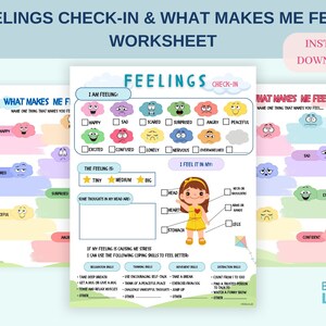 May include: A worksheet titled "Feelings Check-In & What Makes Me Feel" with sections for identifying emotions like happy, sad, and angry. It includes prompts to name things that cause feelings and coping skills. The design features cartoon illustrations and pastel colors.