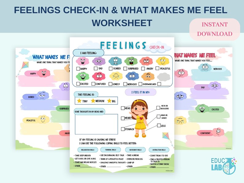 May include: A worksheet titled "Feelings Check-In & What Makes Me Feel" with sections for identifying emotions like happy, sad, and angry. It includes prompts to name things that cause feelings and coping skills. The design features cartoon illustrations and pastel colors.