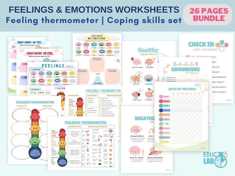 May include: A bundle of 26 worksheets focused on feelings and emotions. The pages include a feeling thermometer, coping skills, and activities to explore and understand emotions. The worksheets are designed with colorful illustrations and text.