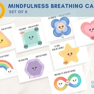 May include: Set of 8 mindfulness breathing cards. Each card features a different shape, such as a triangle, square, flower, heart, star, rainbow, hexagon, and infinity symbol, with instructions for mindful breathing. The cards have cute illustrations and the text "Mindfulness Breathing Cards".