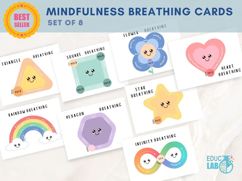 May include: Set of 8 mindfulness breathing cards. Each card features a different shape, such as a triangle, square, flower, heart, star, rainbow, hexagon, and infinity symbol, with instructions for mindful breathing. The cards have cute illustrations and the text "Mindfulness Breathing Cards".