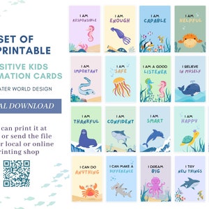 Tarjetas de afirmación positiva para niños. Tarjeta flash con diseño de mundo submarino para niños. Tarjetas de afirmación diarias. Frases Motivacionales.