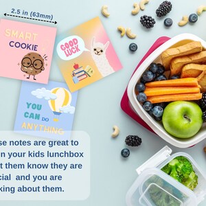 May include: Three colorful 2.5 inch square motivational notes with cute illustrations and encouraging messages: "Smart Cookie", "Good Luck", and "You Can Do Anything". The notes are next to a lunchbox filled with healthy snacks like fruit, vegetables, and crackers.