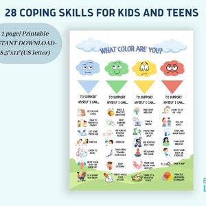 28 Coping Skills For Teens & Kids. Grounding Techniques. School counselling resources, SEL, social emotional learning.