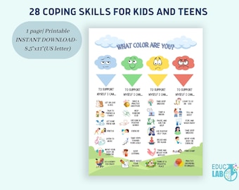 Coping Skills Chart for Kids & Teens, Grounding Techniques (Digital Download)