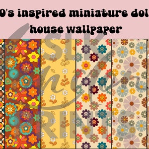 6 x 1960's inspired miniature 1:12 Printable Wallpaper on 8.5"x11" sheet. High resolution digital download PDF for scrapbooking materials.