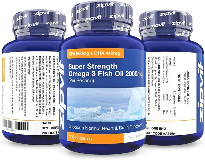 Super Strength Omega 3 Fish Oils 2000mg, EPA 660mg DHA 440mg. Supports