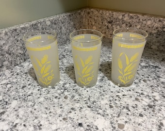 Hazel Atlas yellow wheat flower frosted glasses MCM set of 3