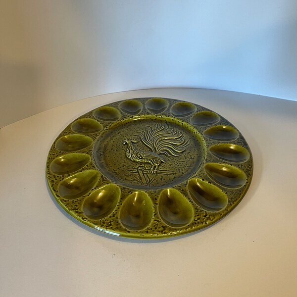 Rooster deviled egg serving plate, vintage California pottery # 1069 USA