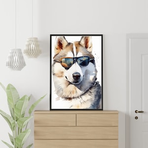 Water color poster Husky being cool and smooth w/sunglasses. Digital print. Wall paper. Instant download. Perfect for all dog lovers.