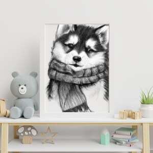 Süßer Husky Welpe mit Winterschal - Welpe Wandkunst, Wohndeko, Jungenzimmer Deko, Mädchenzimmer Deko, druckbare Wandkunst, digitaler Download.