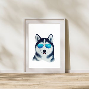 Cute husky wearing sun glasses - wall art, dog wall decor,  printable wall art, digital prints, digital download.