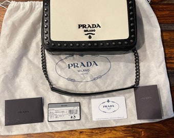 Prada - Pattina Leather Studded Trim  Crossbody handbag (Blanco & Nero)