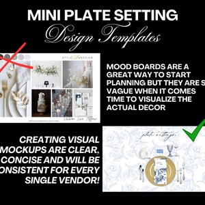 May include: A visual guide for wedding planners, showing how to create a mini plate setting mockup. The image shows a mood board with a floral theme and a mockup of a plate setting with a floral pattern.