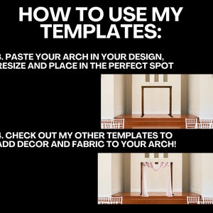 May include: How to use wedding arch templates. Two images show a wooden arch in a white room with a wooden floor. The first image shows the arch alone. The second image shows the arch decorated with a pink fabric drape.