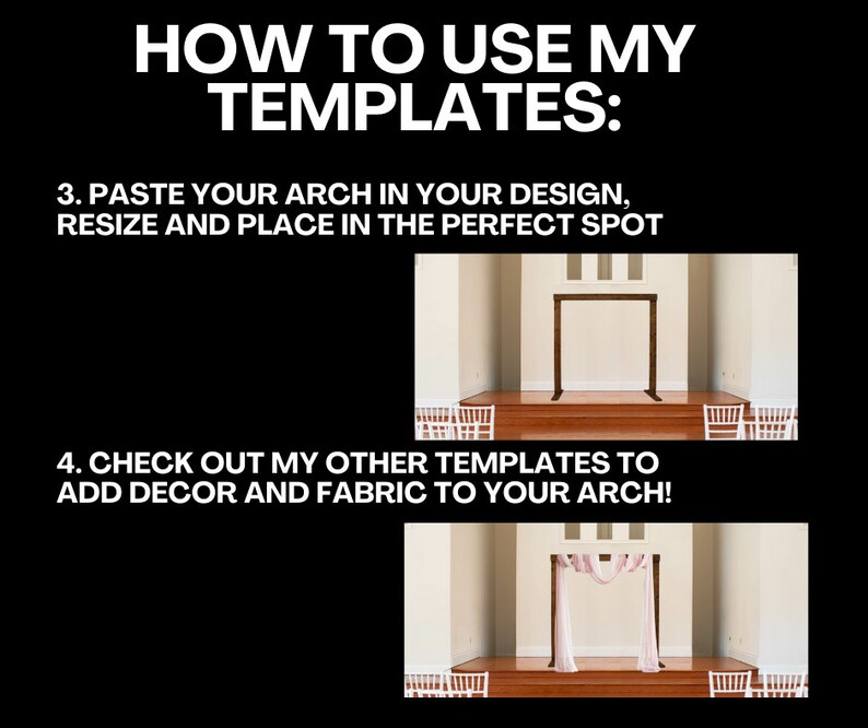 May include: How to use wedding arch templates. Two images show a wooden arch in a white room with a wooden floor. The first image shows the arch alone. The second image shows the arch decorated with a pink fabric drape.