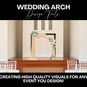 May include: A wooden wedding arch decorated with white flowers and a beige sheer fabric drape. The arch is set up in a large room with wooden floors and white walls. The text "WEDDING ARCH Design Tools" is at the top of the image.