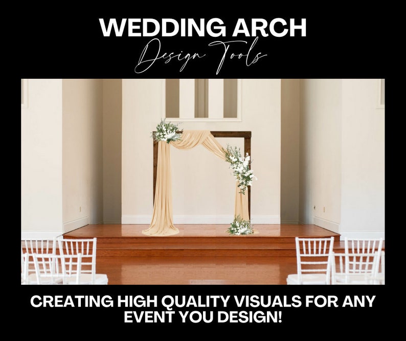 May include: A wooden wedding arch decorated with white flowers and a beige sheer fabric drape. The arch is set up in a large room with wooden floors and white walls. The text "WEDDING ARCH Design Tools" is at the top of the image.