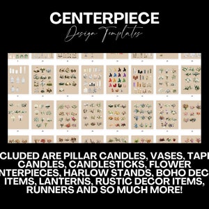 May include: A collection of digital templates for centerpieces featuring candles, vases, flowers, and other decorative items. The templates are arranged in a grid with a beige background.
