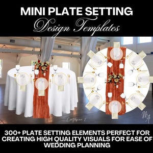 May include: A digital illustration of a round table setting with a white tablecloth, a red runner, gold cutlery, and white plates with gold rims. The table is set for a wedding reception with a centrepiece of flowers and candles.
