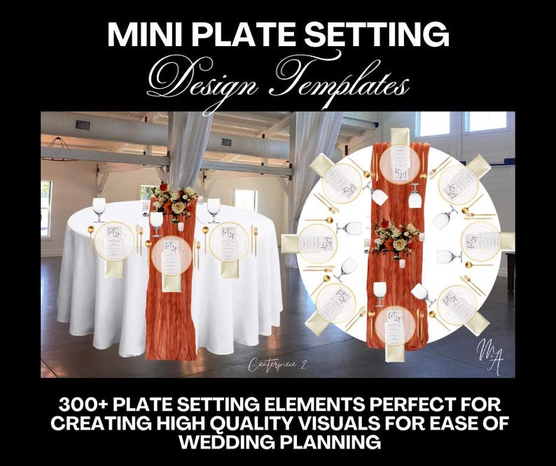 May include: A digital illustration of a round table setting with a white tablecloth, a red runner, gold cutlery, and white plates with gold rims. The table is set for a wedding reception with a centrepiece of flowers and candles.