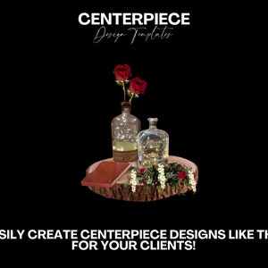 May include: A rustic wooden slice with a red and white book, a clear glass bottle with lights, a clear glass vase with red roses, and greenery.