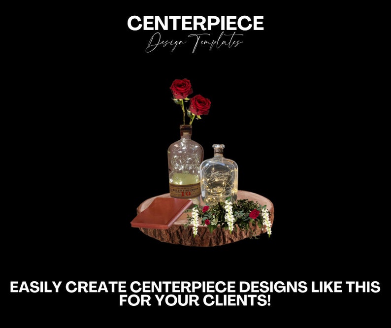 May include: A rustic wooden slice with a red and white book, a clear glass bottle with lights, a clear glass vase with red roses, and greenery.