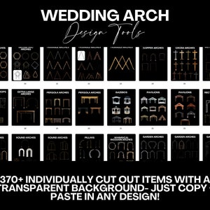 May include: A digital graphic design resource with 370+ wedding arch illustrations. The image shows a grid of various arch designs, including hexagon, round, pergola, and cross arches. The text "Wedding Arch Design Tools" is at the top of the image.
